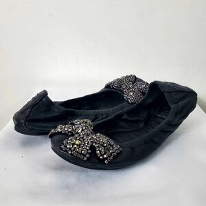 Tory Burch Black Leather Crystal Embellished Bow Eddie Ballet Flat 7US